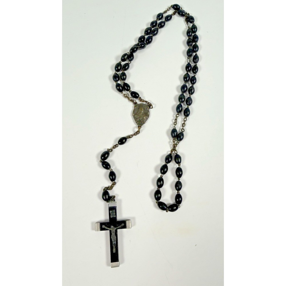 Vtg Black Wood Beaded Rosary Silver Toned Made in Italy Religious Cross 18"